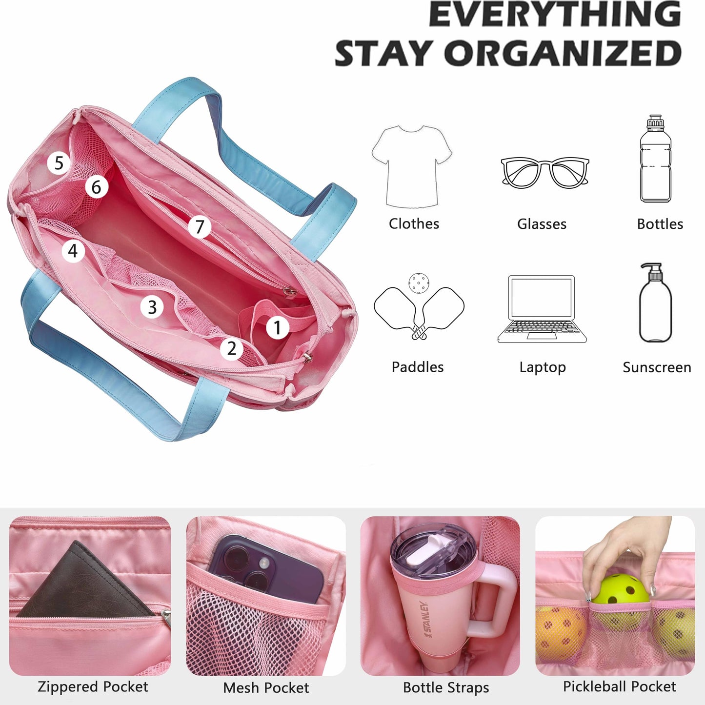 Pickleball Bag for Women Stylish Nylon Tote Fits 2 Paddle, Ball, Gear, Utility Shoulder Handbag for Sports
