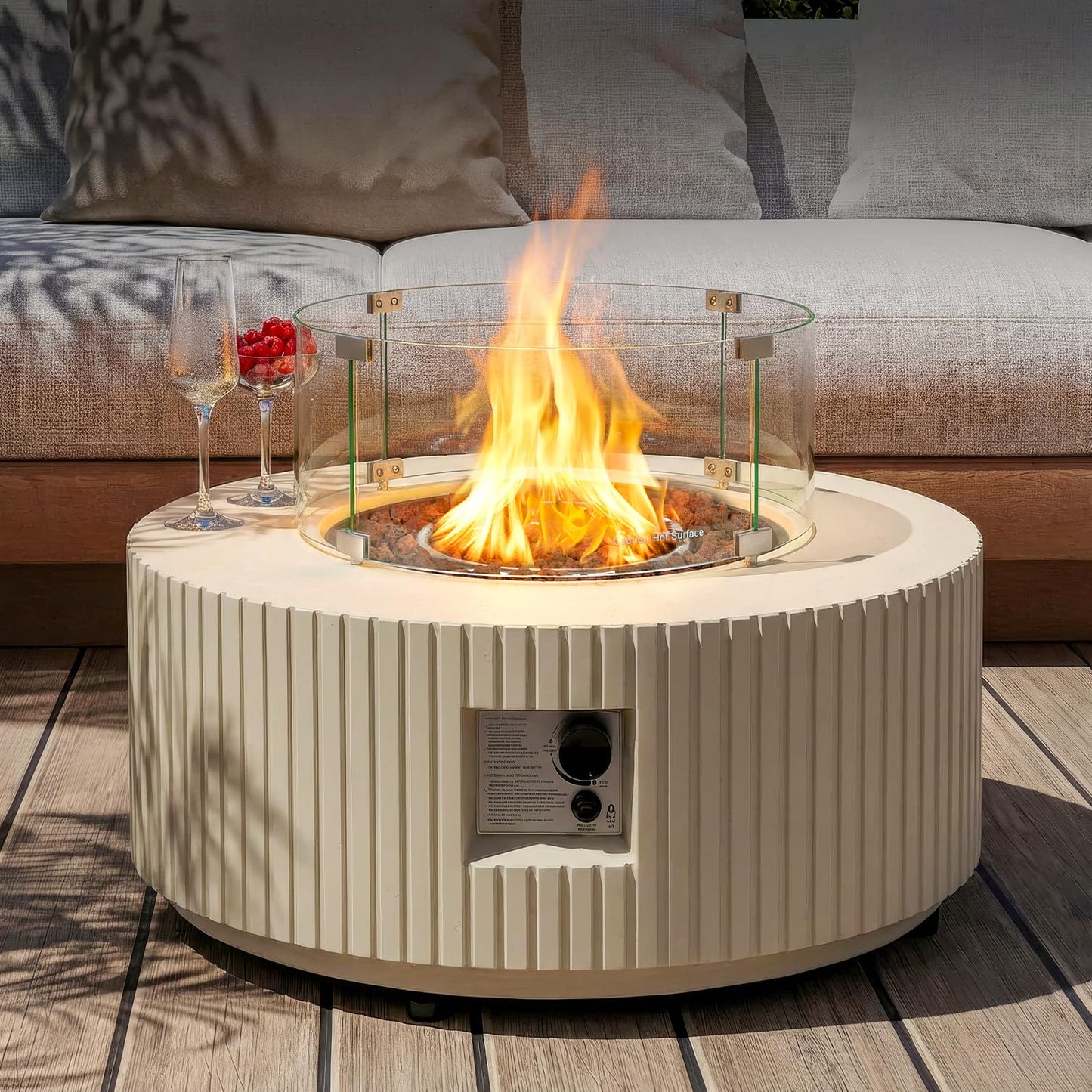 31.5 Inch Round Propane Fire Pit Table - Concrete Round Fire Bowl 50,000 BTU Natural Gas Firepit Burner with Steel Lid, Lava Rocks, Waterproof Cover for Outside Patio, Backyard, Party
