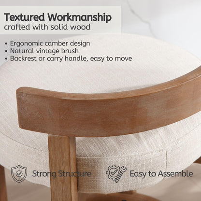 LukeAlon Mid Century Linen Counter Stools Set of 4, Upholstered 26.5” Seat Height Low Barstools with Natural Wood Legs Round Low Back Kitchen Stools with Footrest for Dining Room, Beige