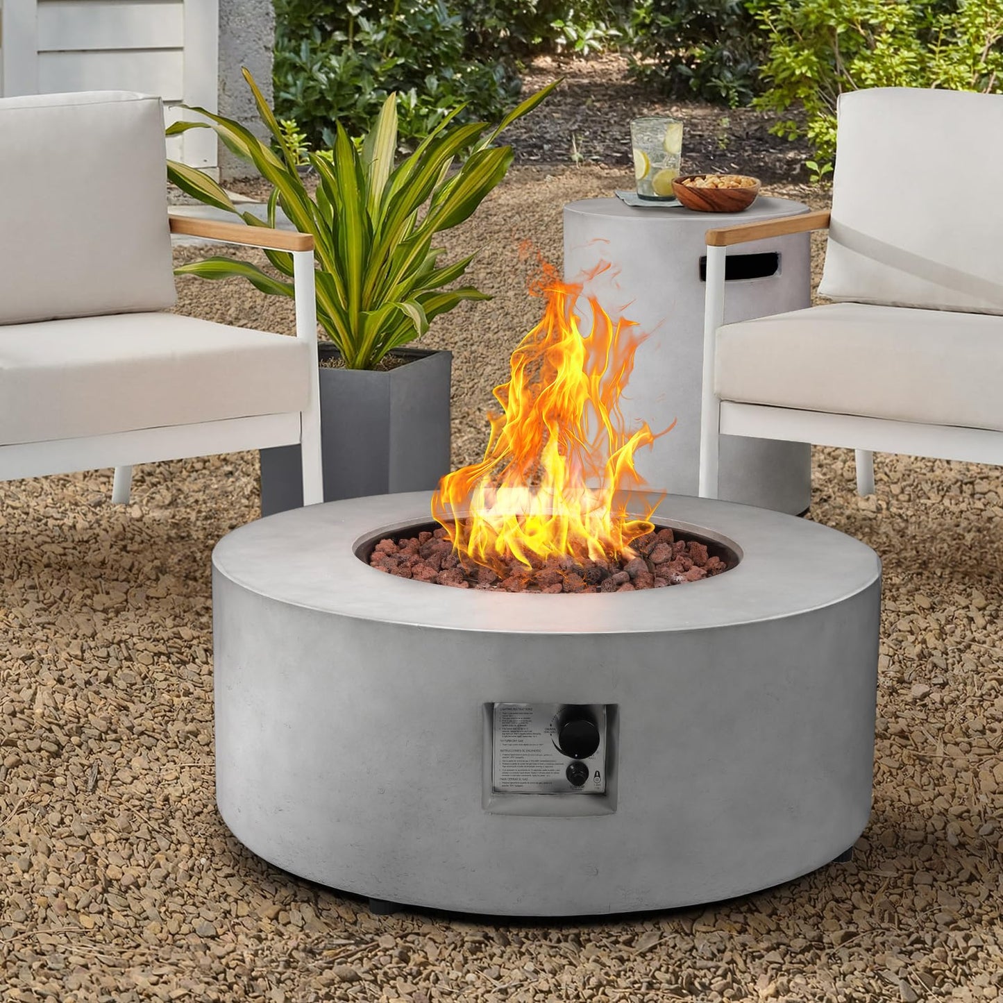 31.5 Inch Round Propane Fire Pit Table - Concrete Round Fire Bowl 50,000 BTU Natural Gas Firepit Burner with Steel Lid, Lava Rocks, Waterproof Cover for Outside Patio, Backyard, Party