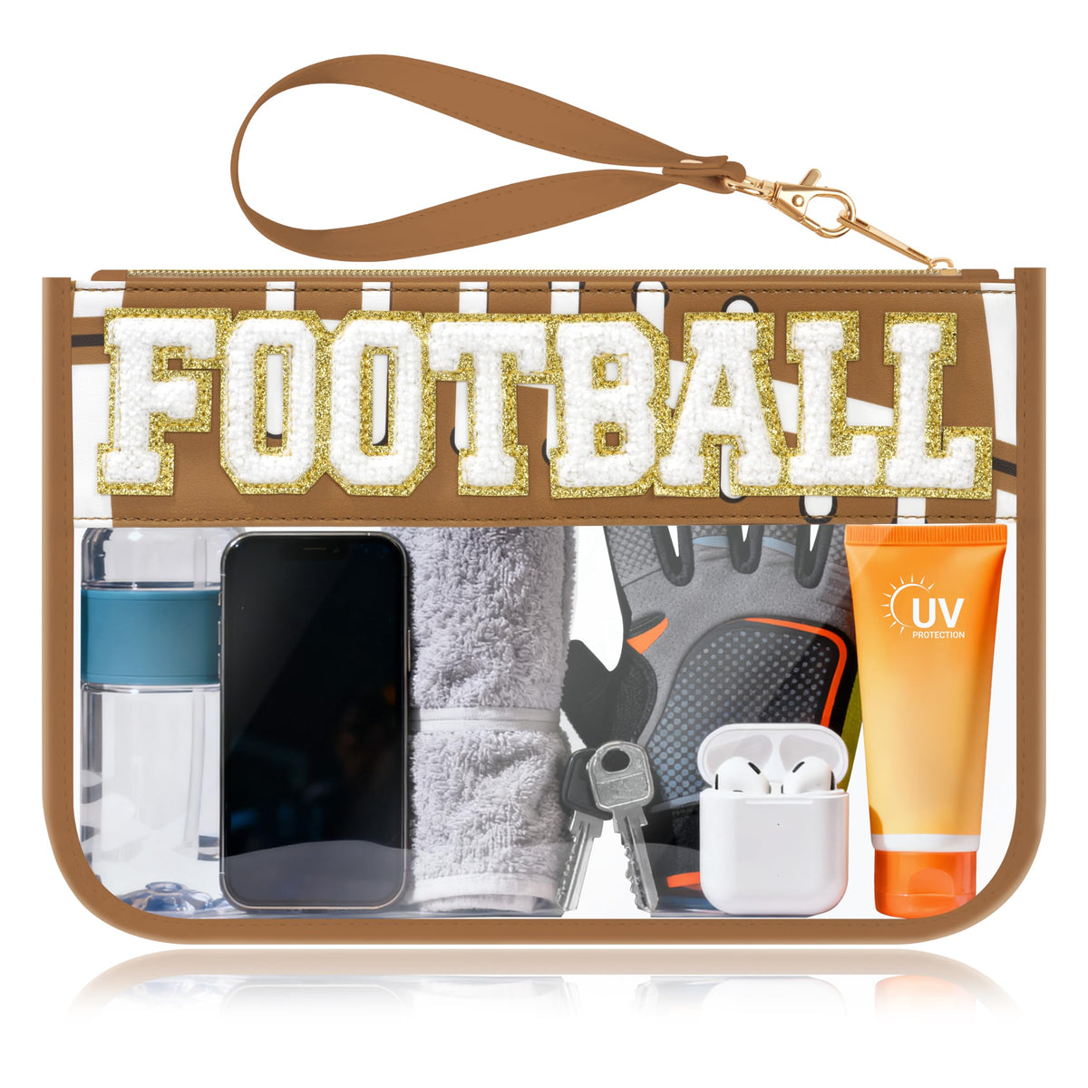 BuyCard Soccer Gift Makeup Bag with Chenille Letter Patch, Clear Cosmetic Pouch PVC Organizer Purse, Waterproof Travel Bag, Portable Toiletry Storage Bag for Her Friends