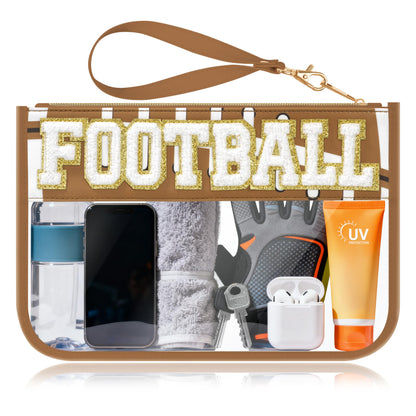 BuyCard Soccer Gift Makeup Bag with Chenille Letter Patch, Clear Cosmetic Pouch PVC Organizer Purse, Waterproof Travel Bag, Portable Toiletry Storage Bag for Her Friends