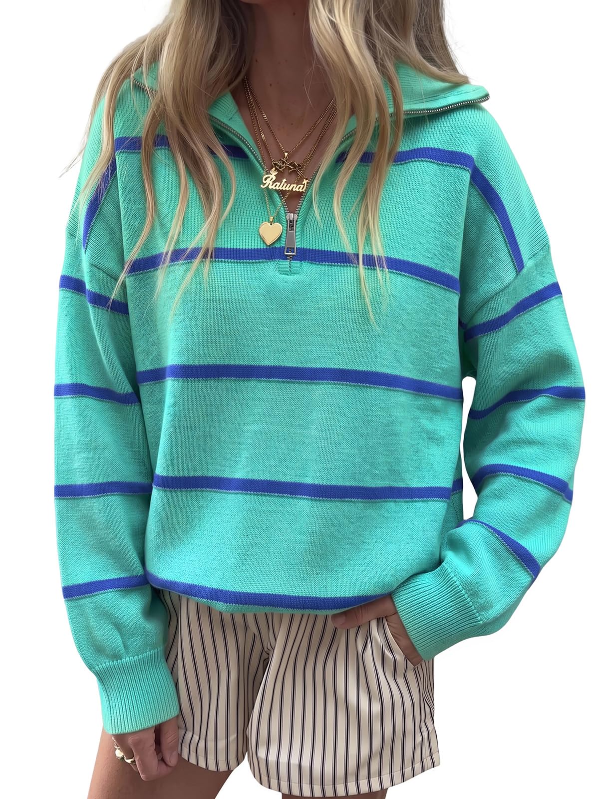 Fisoew Womens Quarter Zip Striped Sweater Oversized Turtleneck Pullover Top