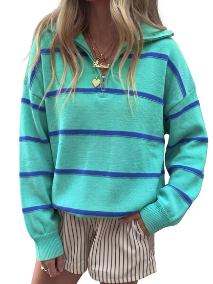 Fisoew Womens Quarter Zip Striped Sweater Oversized Turtleneck Pullover Top