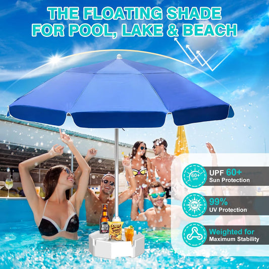 Floating Pool Umbrella - 7ft, Outdoor Floating Umbrella for Inside of Pool with Weighted Base, 4 Cupholders Floating Table with Sun Shade, No-Tools Setup for Pool, Lake & Beach