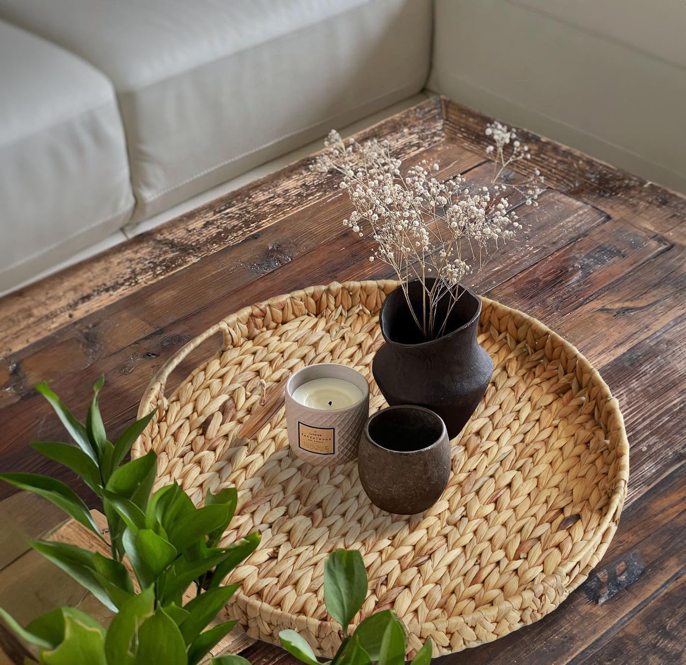 Gurfuy Extra Large Round Ottoman Table Tray with Handles - 19.7" Handmade Wicker Serving Hand Woven Tray for Farmhouse Decorative Oversized Coffee Table Trays Living Room Kitchen Counter Breakfast