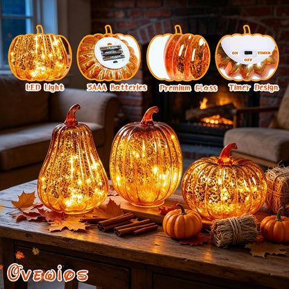 Mercury Glass Pumpkin Lights with Timer, Fall Pumpkins Lamps Tabletop Centerpiece Decorations Autumn Thanksgiving Home Halloween Decor, 3PCS