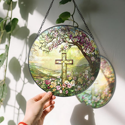 8-Inch Jesus with Cardinals Suncatcher Ornament, Stained Glass Window Hanging & Religious Christmas Ornament, Christian Window Decor — Memorial Gift, Christian Gifts for Her, Religious Gifts