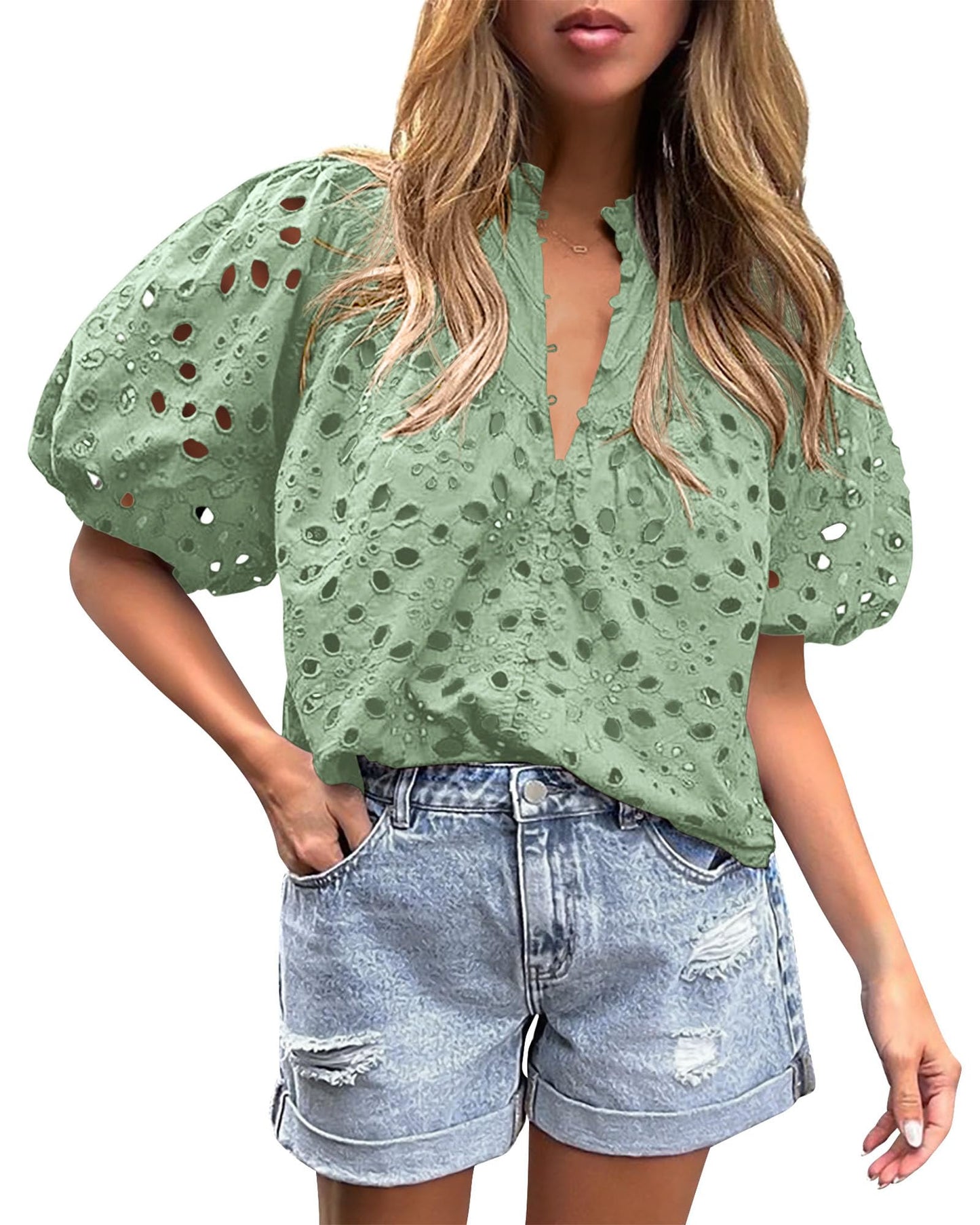 PRETTYGARDEN Womens Tops Boho Eyelet Puff Sleeve Blouse