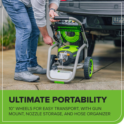 Greenworks 3000 PSI (2.0 GPM Max) Brushless Electric Pressure Washer (15°, 25°, 40°, Turbo and Soap Nozzle) for Use On Decks, Fences, Driveways, Sidewalks, Siding & More. Heavy-Duty