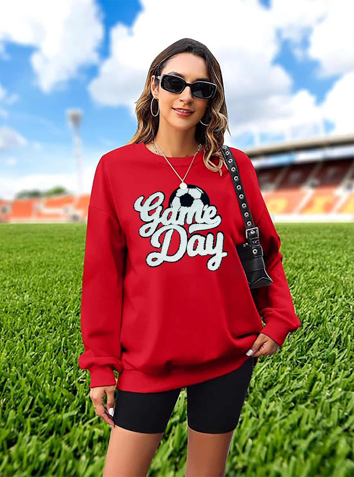 Game Day Soccer Sweatshirt Women Soccer Season Chenille Patch Pullover Top Causal Long Sleeve Football Top