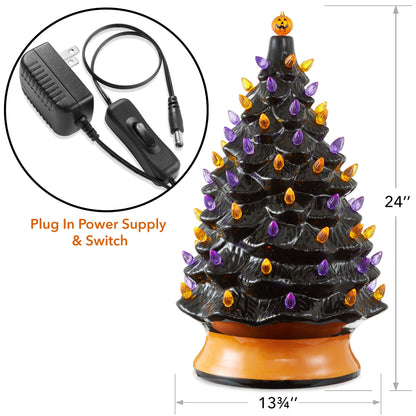 Casafield Hand Painted Ceramic Halloween Tree, 24-Inch Pre-Lit Decoration with 148 Multi-Color Lights, Jack-O-Lantern and Star Toppers