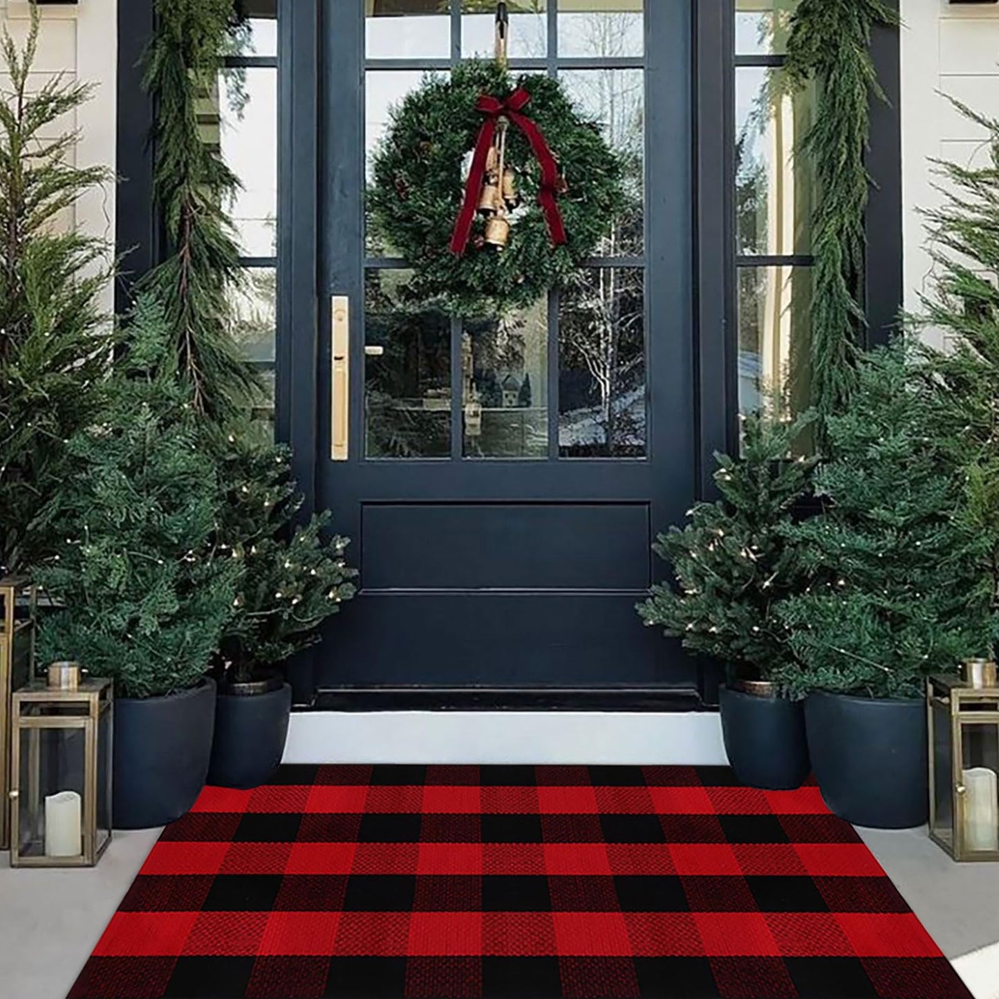 Christmas Door Mat Outdoor 35.4''x59'' Buffalo Plaid Christmas Decor Rug Cotton Hand-Woven Layered Door Mats Washable Carpet for Front Porch, Kitchen, Farmhouse, Entryway