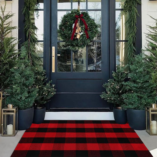 Christmas Door Mat Outdoor 35.4''x59'' Buffalo Plaid Christmas Decor Rug Cotton Hand-Woven Layered Door Mats Washable Carpet for Front Porch, Kitchen, Farmhouse, Entryway