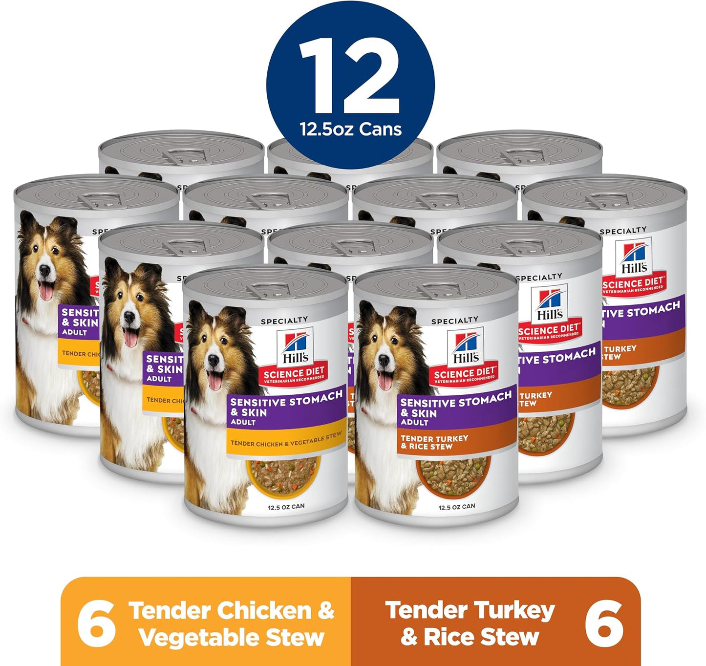 Hill's Science Diet Adult Sensitive Stomach & Skin Wet Dog Food, Turkey & Rice, 12.5 oz. Cans, 12-Pack