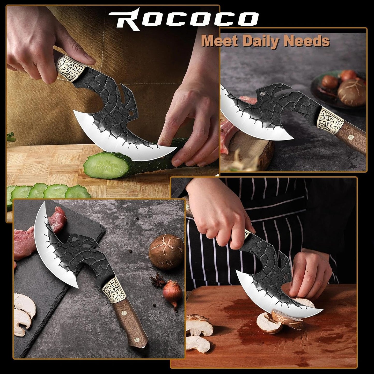 ROCOCO Viking Cleaver Knife Birthday - Kitchen Axe & Sheath Father Gift Men | Hand Forged High Carbon Steel Butcher Meat Cutting Boning Knife for Home Outdoor BBQ Camping Chirstmas Mother