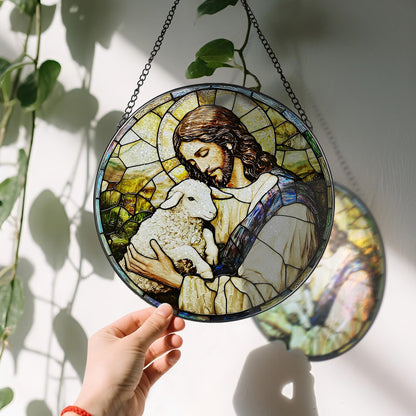 8-Inch Jesus with Cardinals Suncatcher Ornament, Stained Glass Window Hanging & Religious Christmas Ornament, Christian Window Decor — Memorial Gift, Christian Gifts for Her, Religious Gifts
