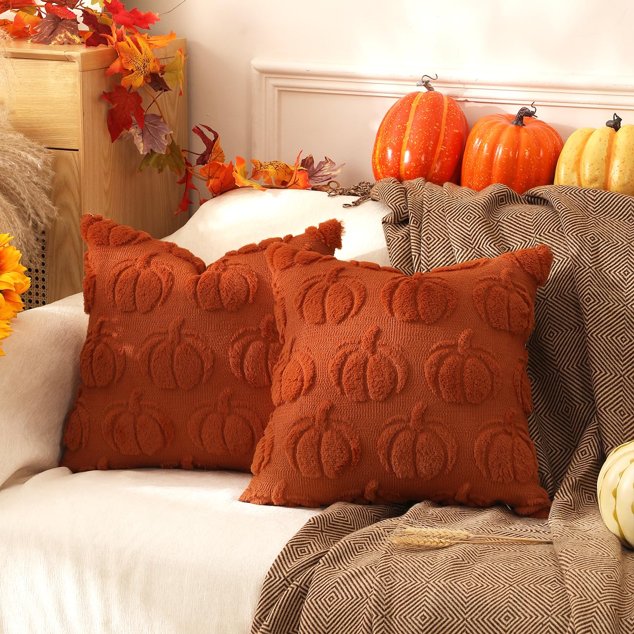 TOYPOPOR Halloween Decorations, 2 Packs Double Sided Ghost Pillow Covers, Soft Fur Throw Pillow Cases Indoor outdoor Pumpkin Couch Cushion Case for Fall Autumn Bedroom Living Room Home Decor 18''x18''