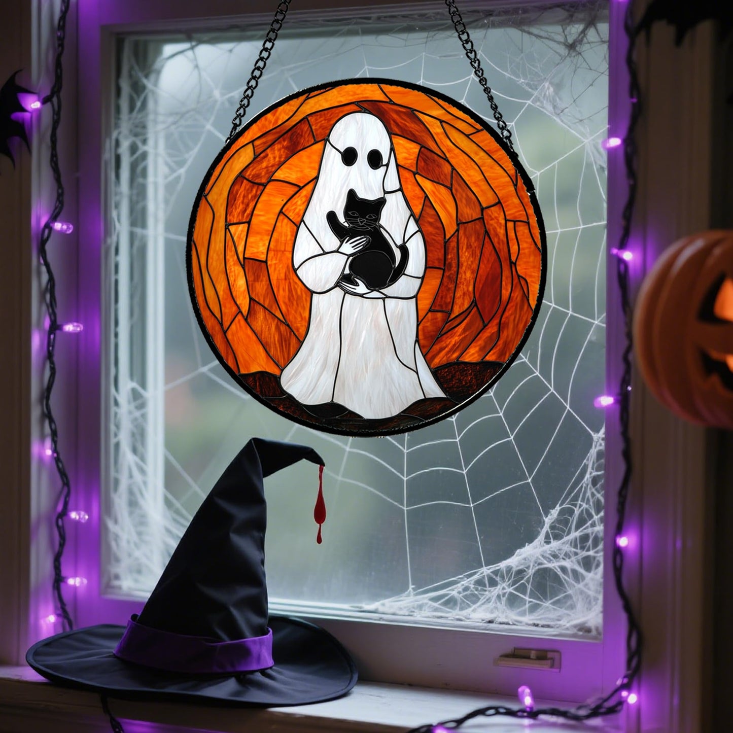 Stained Glass Window Hanging - Halloween Red White Scary Pumpkin Suncatcher for Doors Garden Home Spooky Rattan Sun Catchers Gothic Decor Horror Gifts for Women Men Friend Boy Girl 15 in