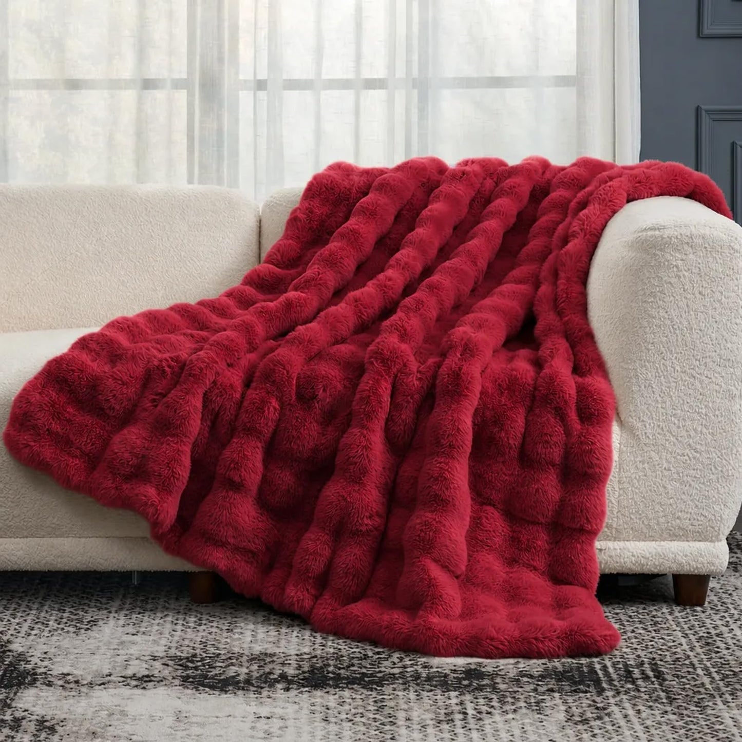 Cozy Bliss Faux Fur Throw Blanket for Couch, Fuzzy Soft Plush Thick Bubble Blanket for Sofa Bedroom Living Room, 50 * 60 Inches Tie Dye Pink