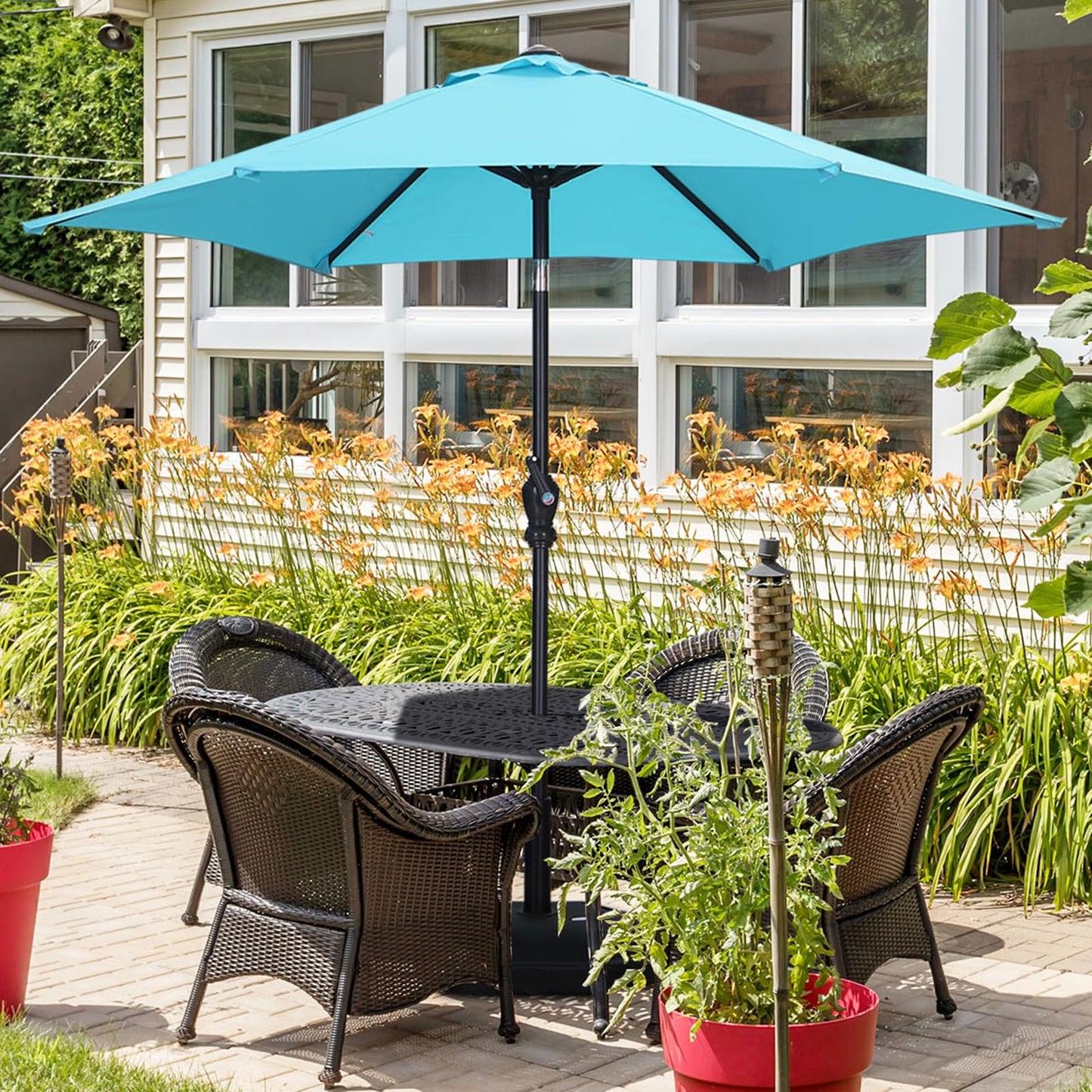 GDY 7.5ft Tassel Patio Umbrella and Matching Base, Outdoor Table Umbrella with 18 LED Lights,Market Umbrella with 6 Sturdy Ribs, with Push Button Tilt and Crank, Bright White
