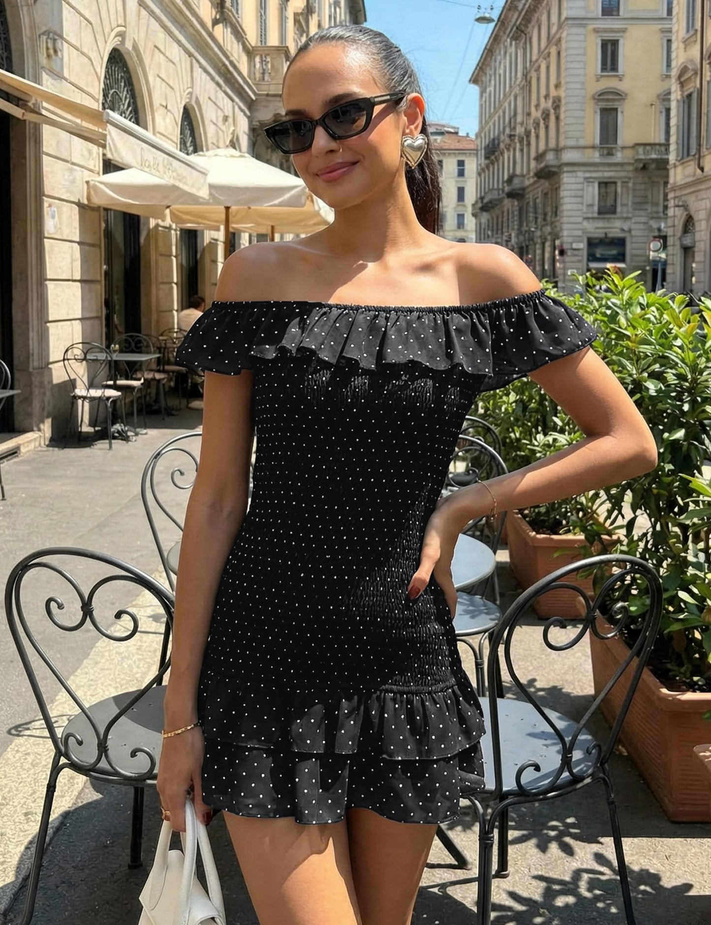 FOMELY Women's Polka Dot Off Shoulder Mini Dress Summer Ruffle Hem Smocked Bodycon Vacation Short Dresses 2026