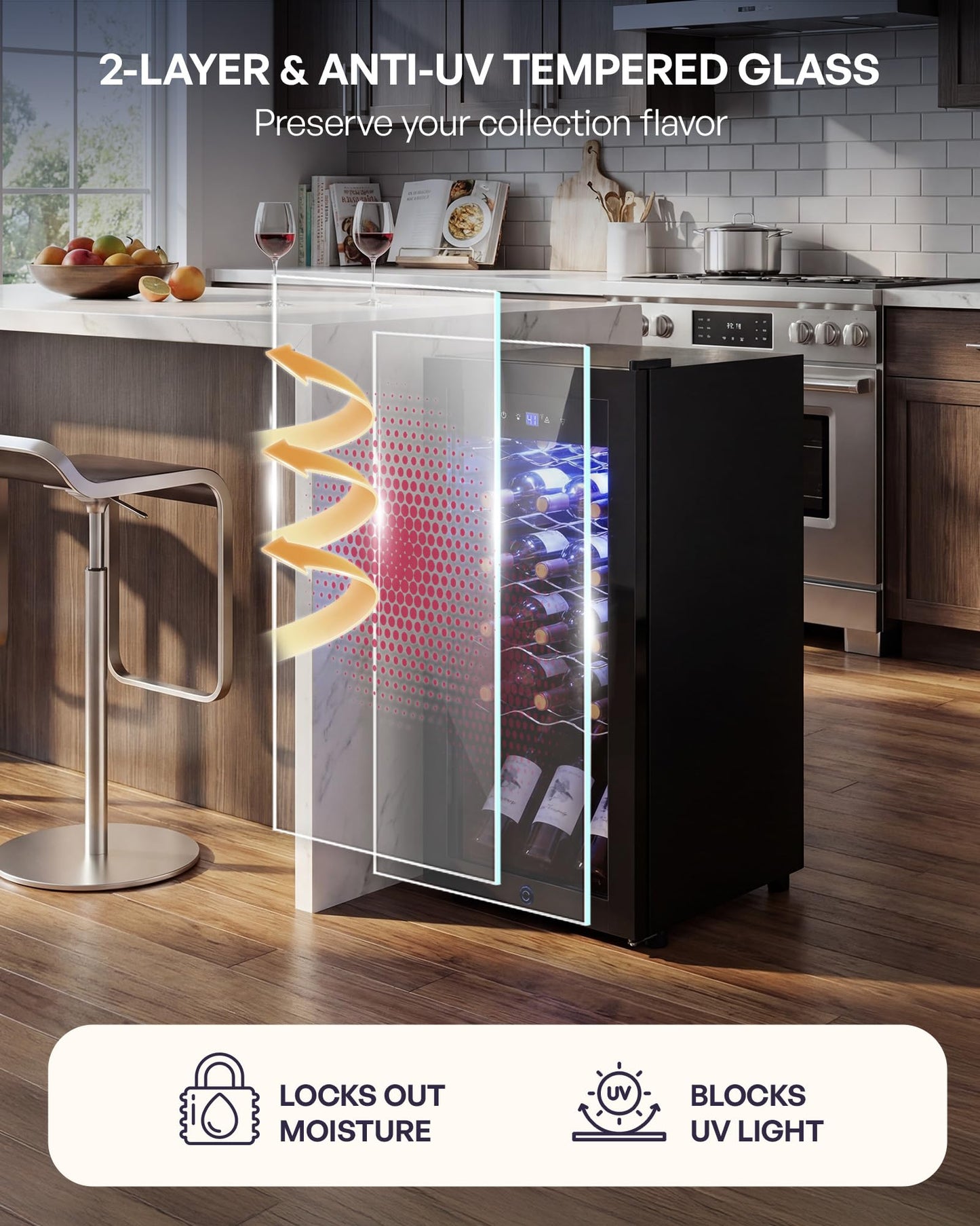 Icyglee 25 Bottle Compressor Wine Cooler Refrigerator, Freestanding Wine Cellar with 41-64°F Adjust Temp & Double-layer Glass Door for Red and White, Wine Cooler for Home Bar, Black