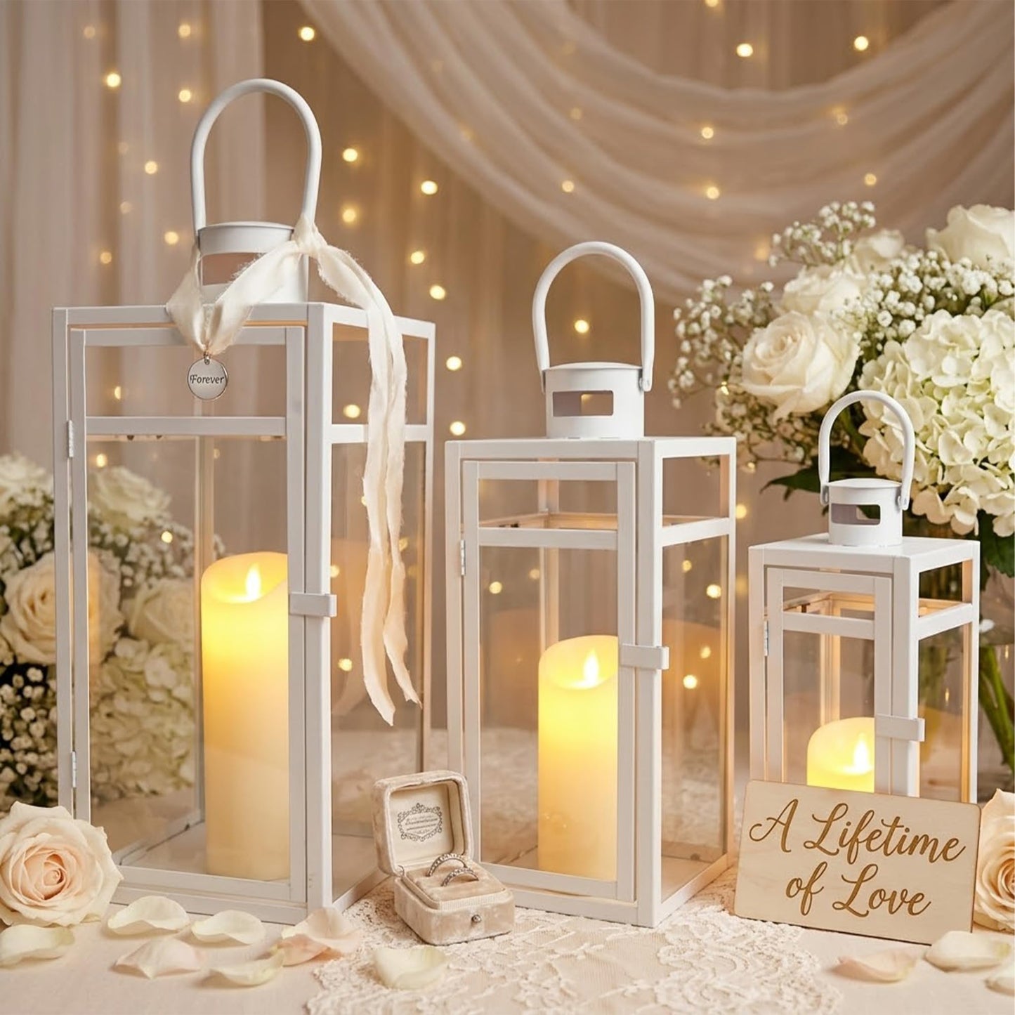 TRIROCKS Set of 3 Stainless Steel Candle Lantern 19/15/12'' High Metal Candle Holder with Tempered Glass Panels Perfect for Home Decor Living Room Parties Events Tabletop Indoors Outdoors (Rose Gold)