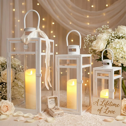 TRIROCKS Set of 3 Stainless Steel Candle Lantern 19/15/12'' High Metal Candle Holder with Tempered Glass Panels Perfect for Home Decor Living Room Parties Events Tabletop Indoors Outdoors (Rose Gold)
