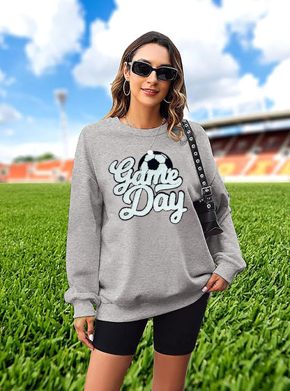Game Day Soccer Sweatshirt Women Soccer Season Chenille Patch Pullover Top Causal Long Sleeve Football Top