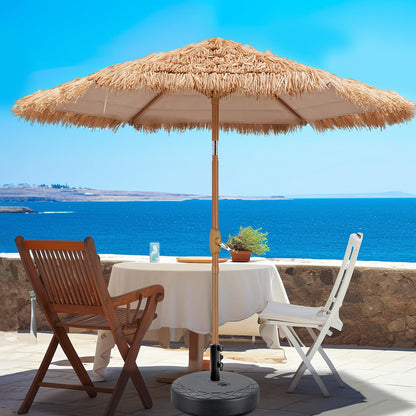 GDY 7.5ft Tassel Patio Umbrella and Matching Base, Outdoor Table Umbrella with 18 LED Lights,Market Umbrella with 6 Sturdy Ribs, with Push Button Tilt and Crank, Bright White