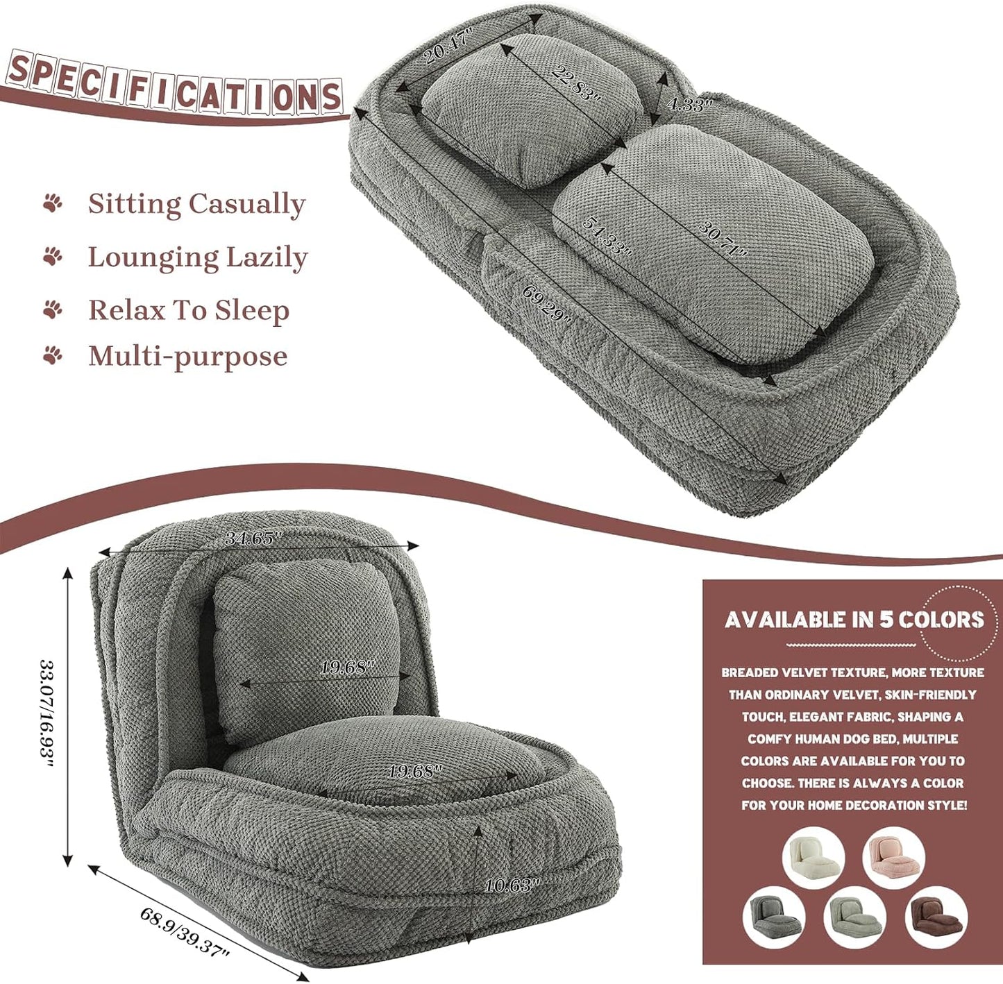 Upholstered Convertible Lounge Chair with 2 Soft Pillows