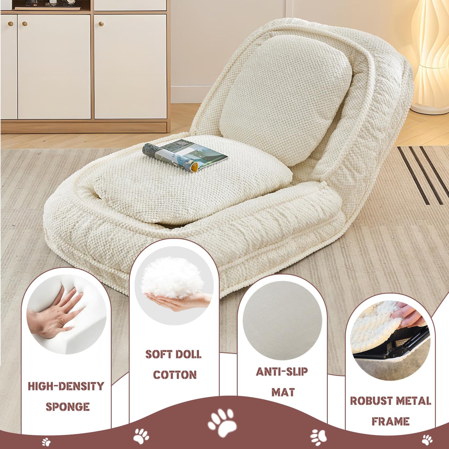 Upholstered Convertible Lounge Chair with 2 Soft Pillows