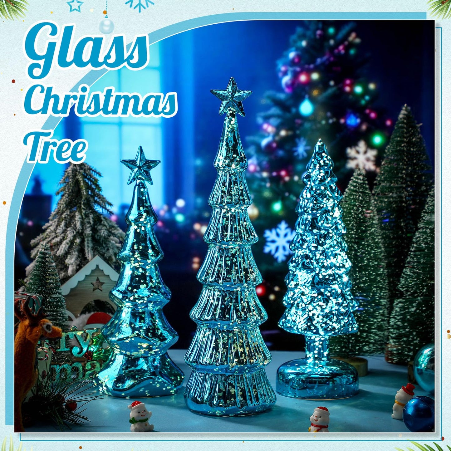 Funnymoom 3 Pack Glass Christmas Trees Decor Lighted Christmas Tree Tabletop Glitter Centerpiece Decoration Glass Xmas Tree Figurines Holiday Ornament for Table Mantle Fireplace(Gold,Classic)
