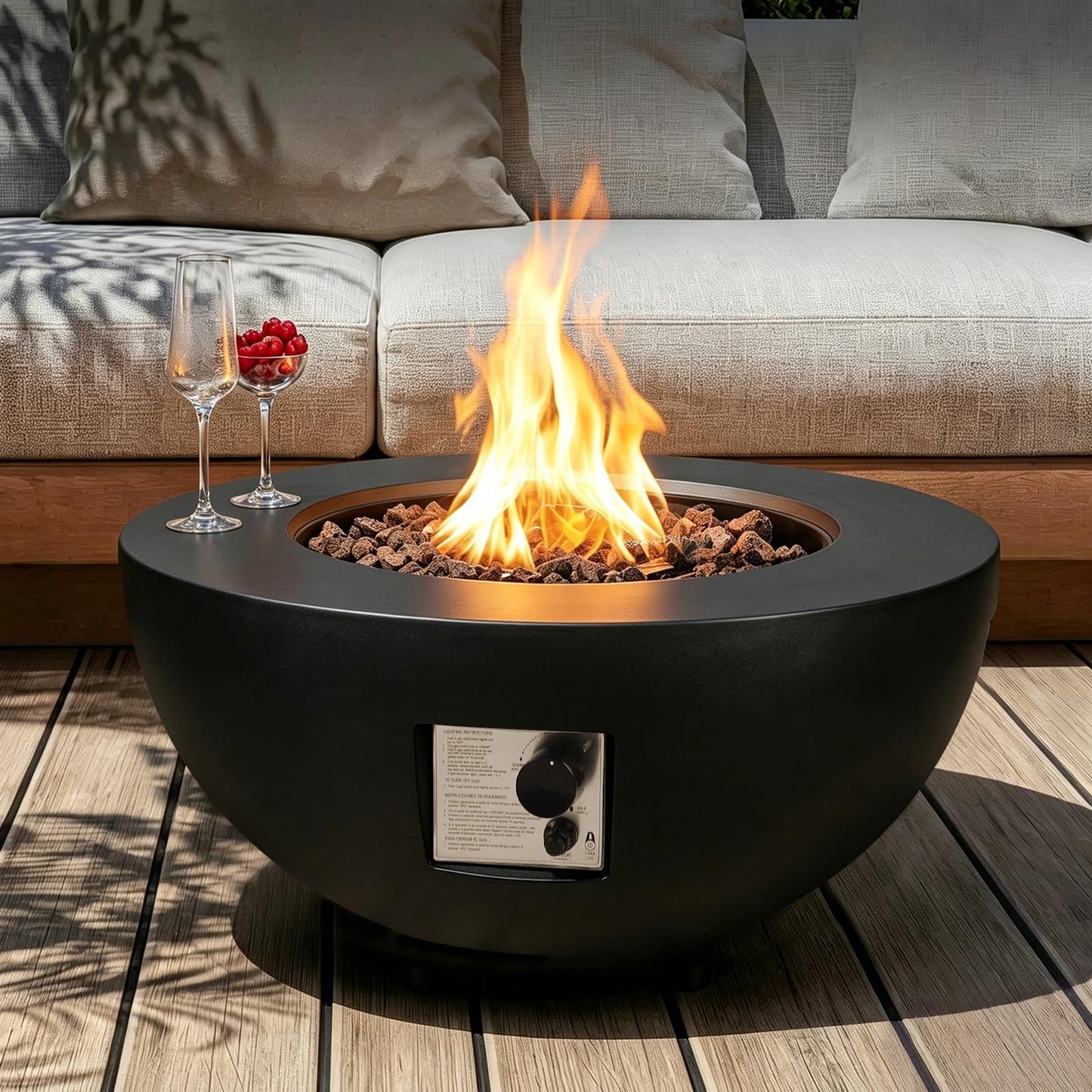 31.5 Inch Round Propane Fire Pit Table - Concrete Round Fire Bowl 50,000 BTU Natural Gas Firepit Burner with Steel Lid, Lava Rocks, Waterproof Cover for Outside Patio, Backyard, Party