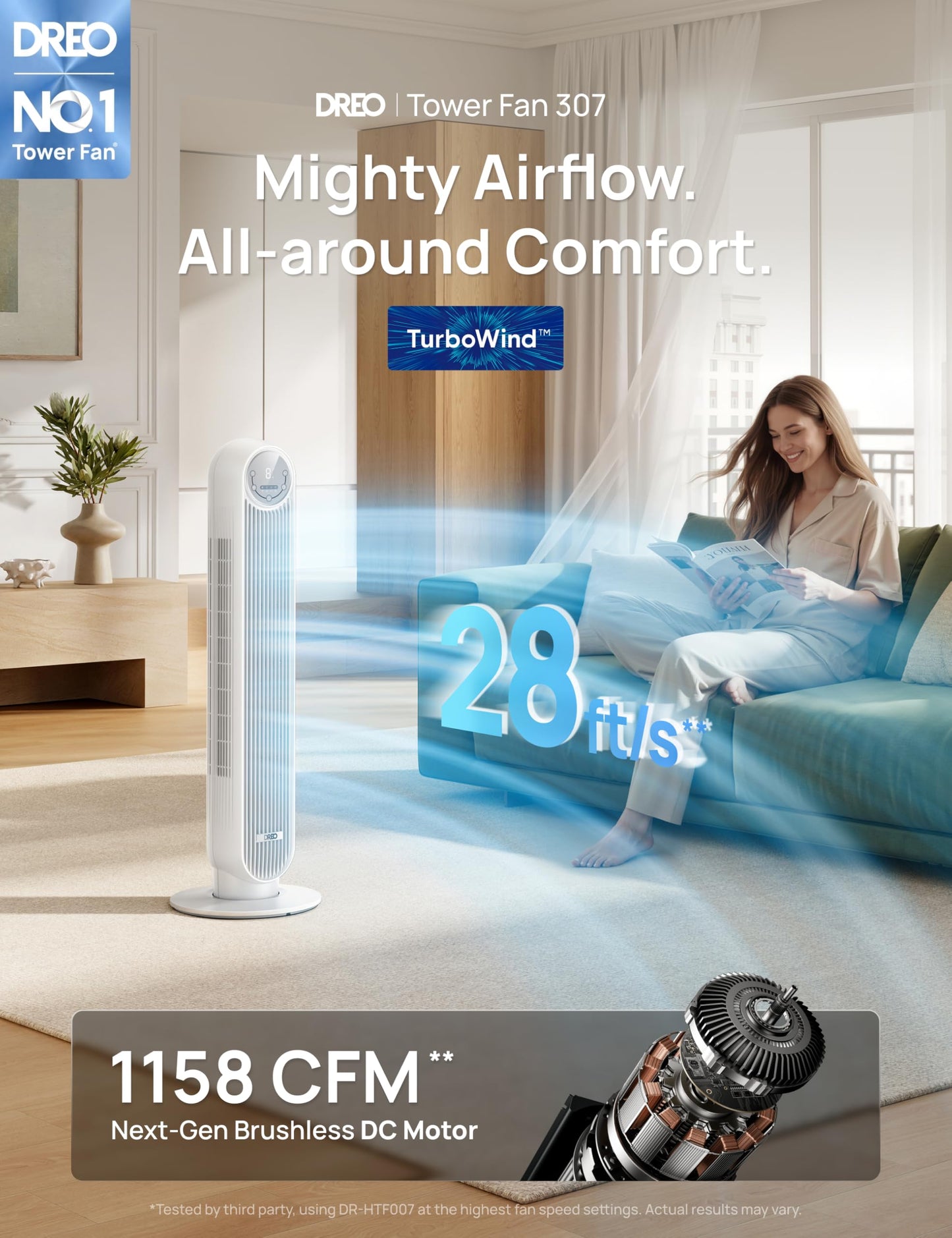 DREO Tower Fan for Bedroom, 2026 Upgraded DC Motor, 28ft/s High Velocity, 20dB Ultra Quiet Standing Fan, 8 Speeds 4 Modes, 90° Oscillating Bladeless Fan for Indoors, Floor Fans with Remote, Black