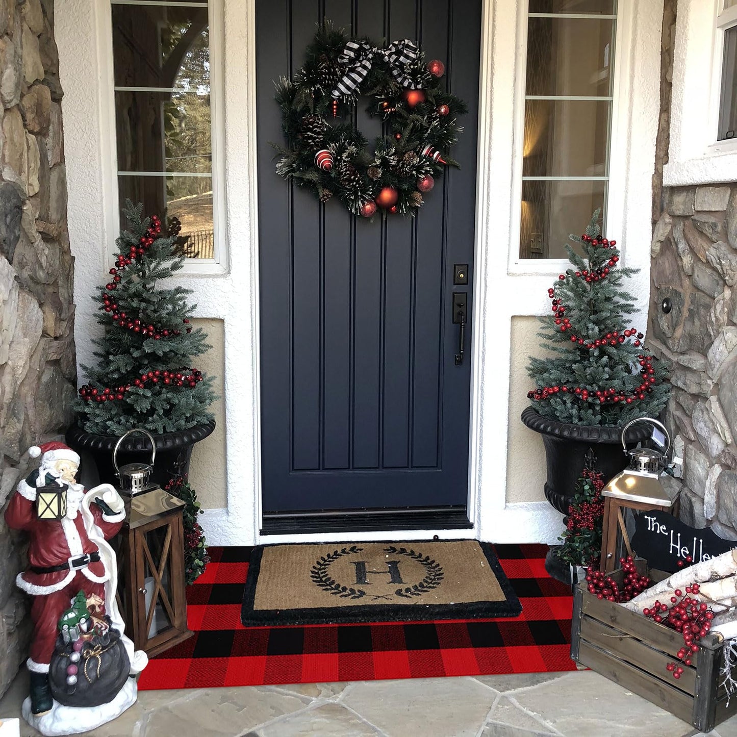 Christmas Door Mat Outdoor 35.4''x59'' Buffalo Plaid Christmas Decor Rug Cotton Hand-Woven Layered Door Mats Washable Carpet for Front Porch, Kitchen, Farmhouse, Entryway