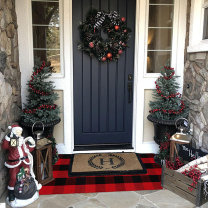 Christmas Door Mat Outdoor 35.4''x59'' Buffalo Plaid Christmas Decor Rug Cotton Hand-Woven Layered Door Mats Washable Carpet for Front Porch, Kitchen, Farmhouse, Entryway