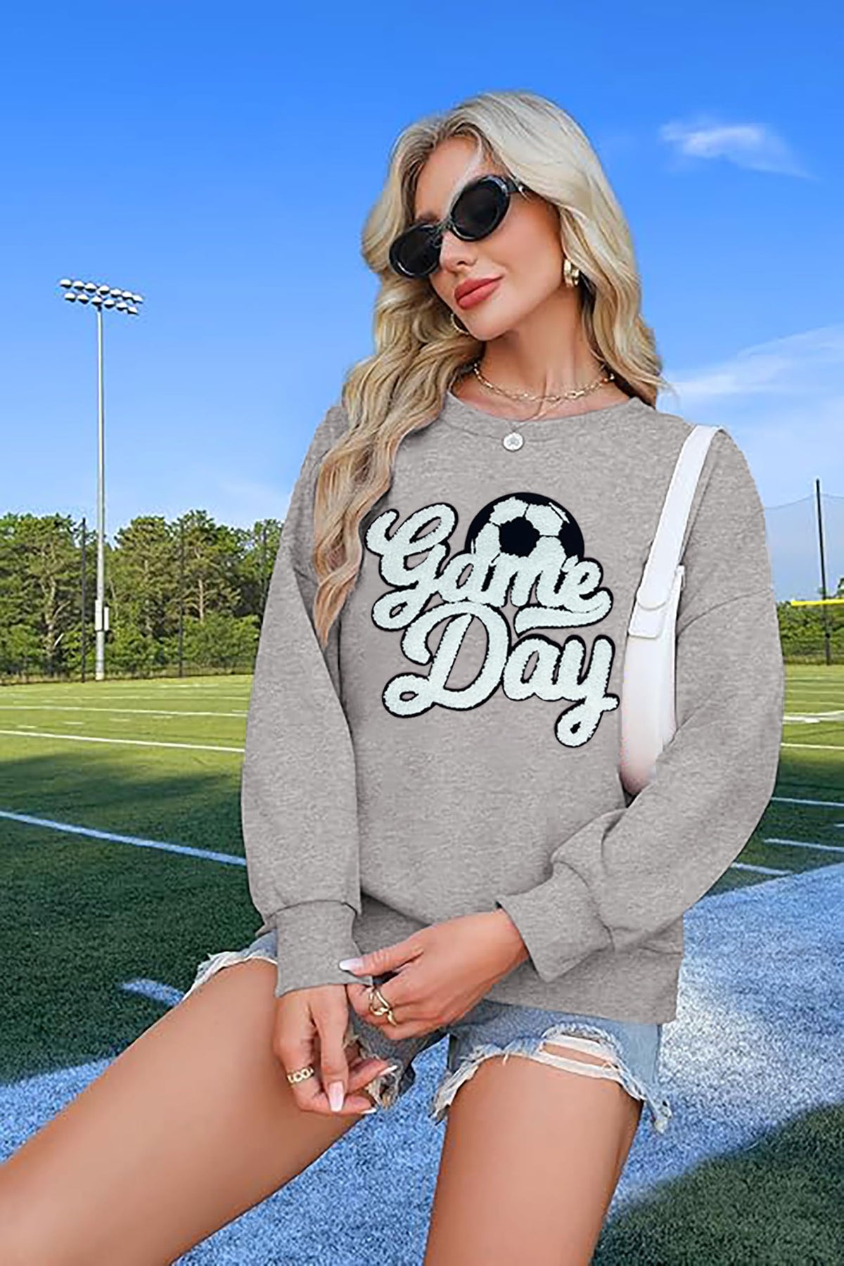 Game Day Soccer Sweatshirt Women Soccer Season Chenille Patch Pullover Top Causal Long Sleeve Football Top