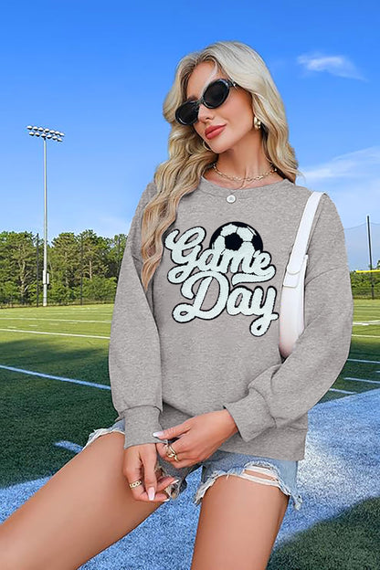 Game Day Soccer Sweatshirt Women Soccer Season Chenille Patch Pullover Top Causal Long Sleeve Football Top