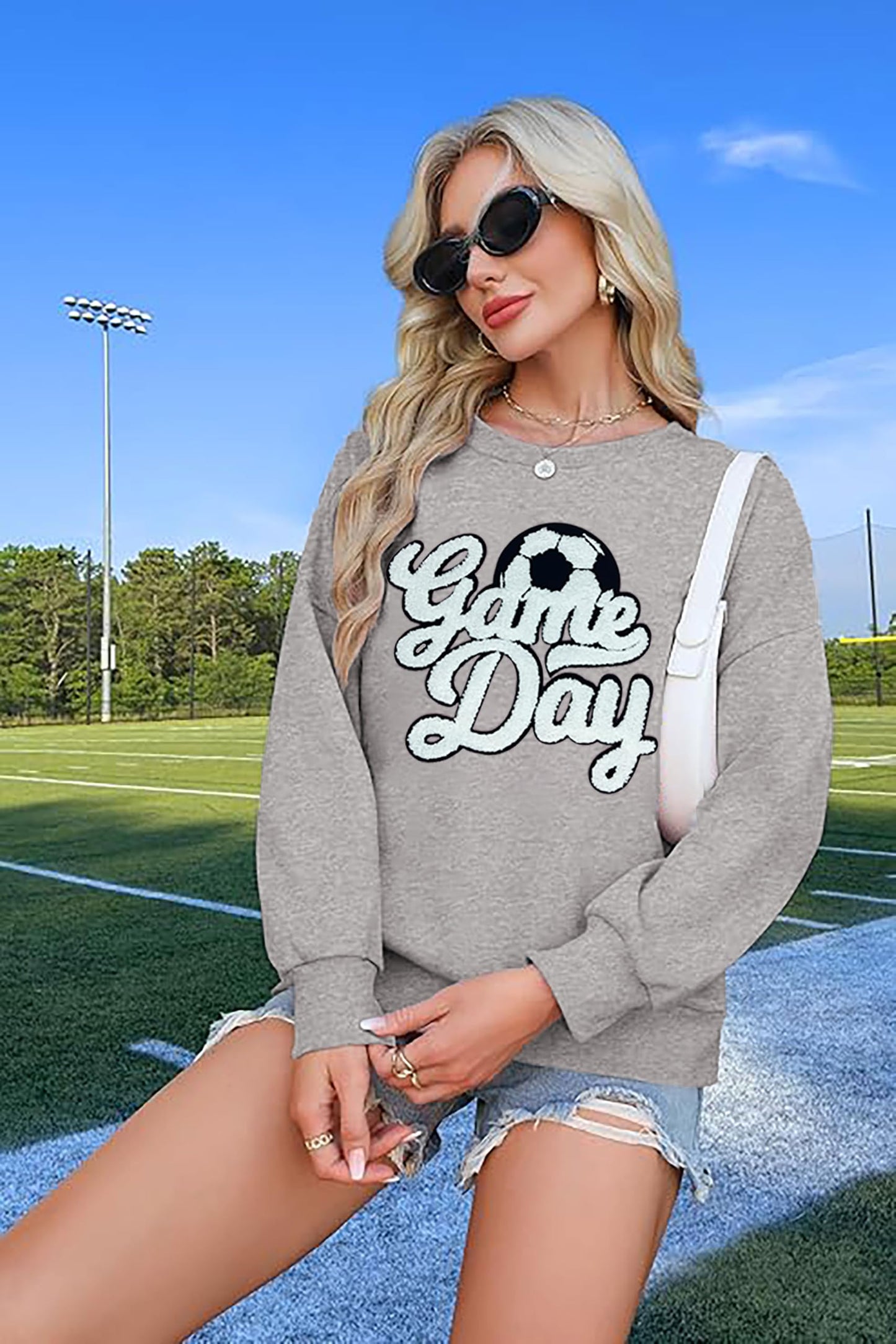 Game Day Soccer Sweatshirt Women Soccer Season Chenille Patch Pullover Top Causal Long Sleeve Football Top