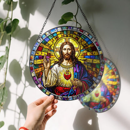 8-Inch Jesus with Cardinals Suncatcher Ornament, Stained Glass Window Hanging & Religious Christmas Ornament, Christian Window Decor — Memorial Gift, Christian Gifts for Her, Religious Gifts