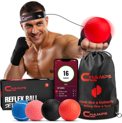 Champs MMA Boxing Reflex Ball Set with Punch Counter App – Hand-Eye Coordination & Speed Training Kit