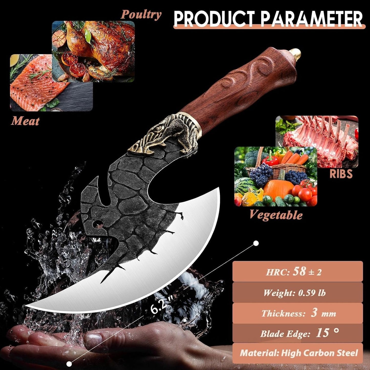 ROCOCO Viking Cleaver Knife Birthday - Kitchen Axe & Sheath Father Gift Men | Hand Forged High Carbon Steel Butcher Meat Cutting Boning Knife for Home Outdoor BBQ Camping Chirstmas Mother
