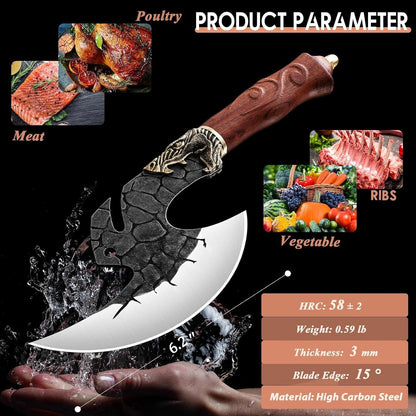 ROCOCO Viking Cleaver Knife Birthday - Kitchen Axe & Sheath Father Gift Men | Hand Forged High Carbon Steel Butcher Meat Cutting Boning Knife for Home Outdoor BBQ Camping Chirstmas Mother