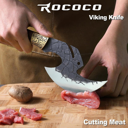 ROCOCO Viking Cleaver Knife Birthday - Kitchen Axe & Sheath Father Gift Men | Hand Forged High Carbon Steel Butcher Meat Cutting Boning Knife for Home Outdoor BBQ Camping Chirstmas Mother