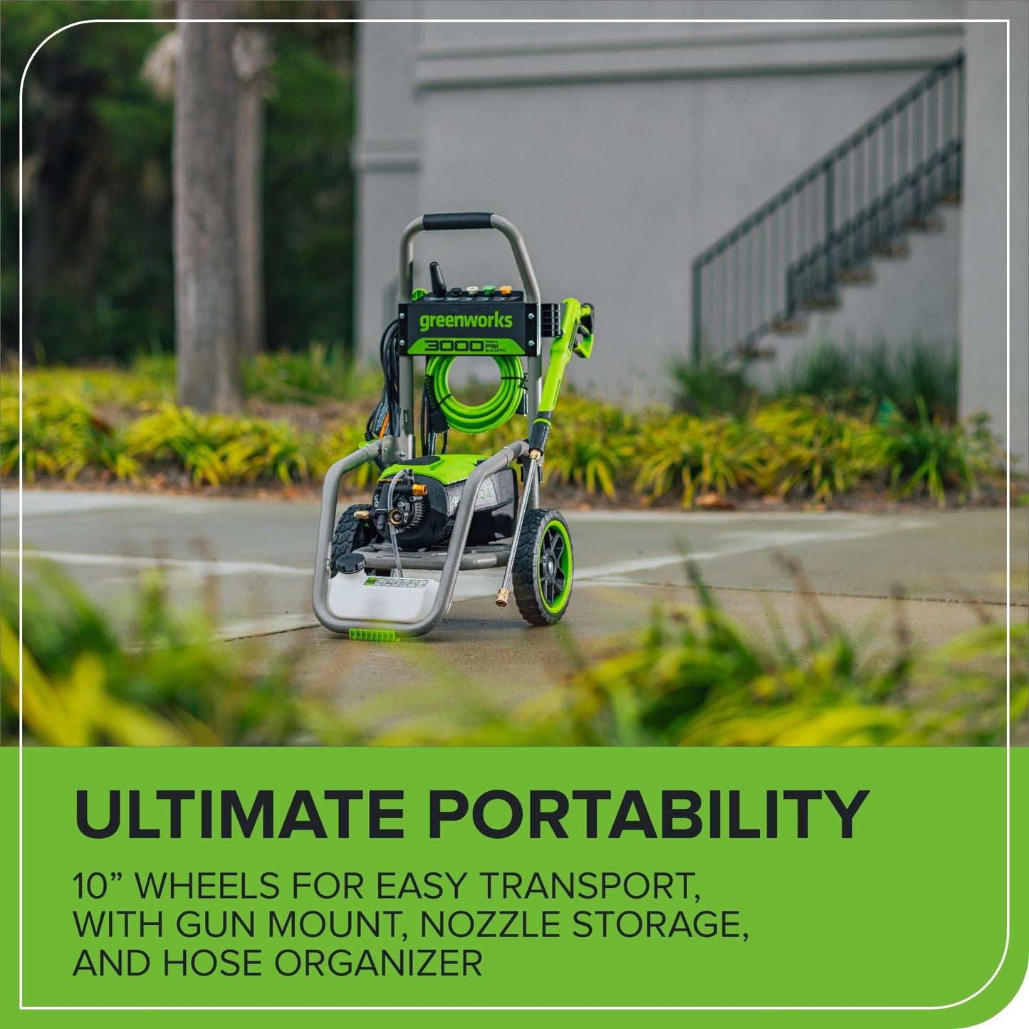Greenworks 3000 PSI (2.0 GPM Max) Brushless Electric Pressure Washer (15°, 25°, 40°, Turbo and Soap Nozzle) for Use On Decks, Fences, Driveways, Sidewalks, Siding & More. Heavy-Duty