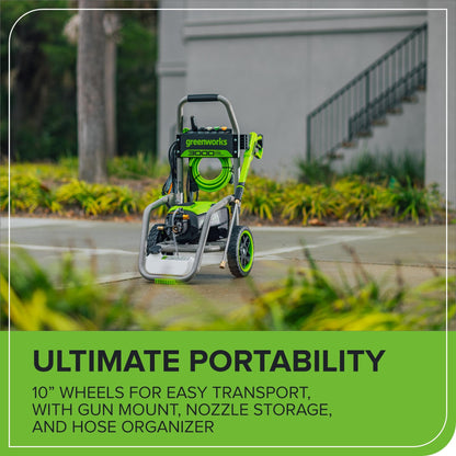 Greenworks 3000 PSI (2.0 GPM Max) Brushless Electric Pressure Washer (15°, 25°, 40°, Turbo and Soap Nozzle) for Use On Decks, Fences, Driveways, Sidewalks, Siding & More. Heavy-Duty