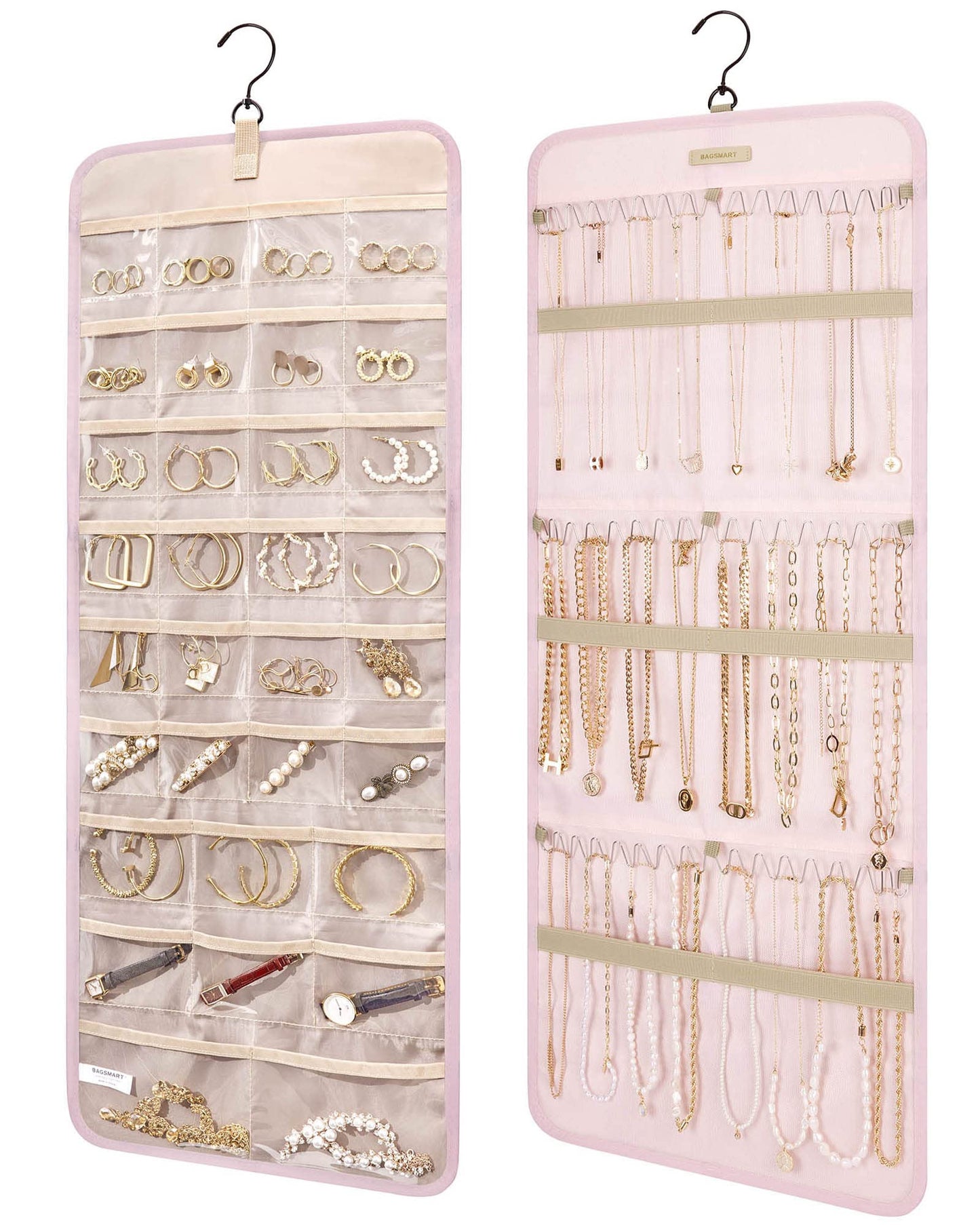 BAGSMART Hanging Jewelry Organizer Storage Roll with Hanger Metal Hooks Double-Sided Jewelry Holder for Earrings, Necklaces, Rings on Closet, Wall, Door, 1 piece, Medium, Pink