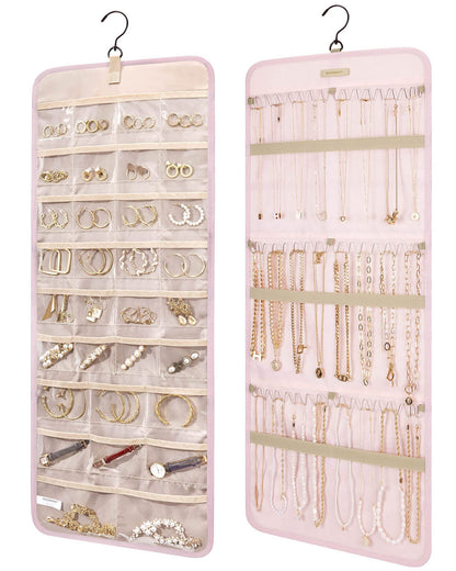 BAGSMART Hanging Jewelry Organizer Storage Roll with Hanger Metal Hooks Double-Sided Jewelry Holder for Earrings, Necklaces, Rings on Closet, Wall, Door, 1 piece, Medium, Pink